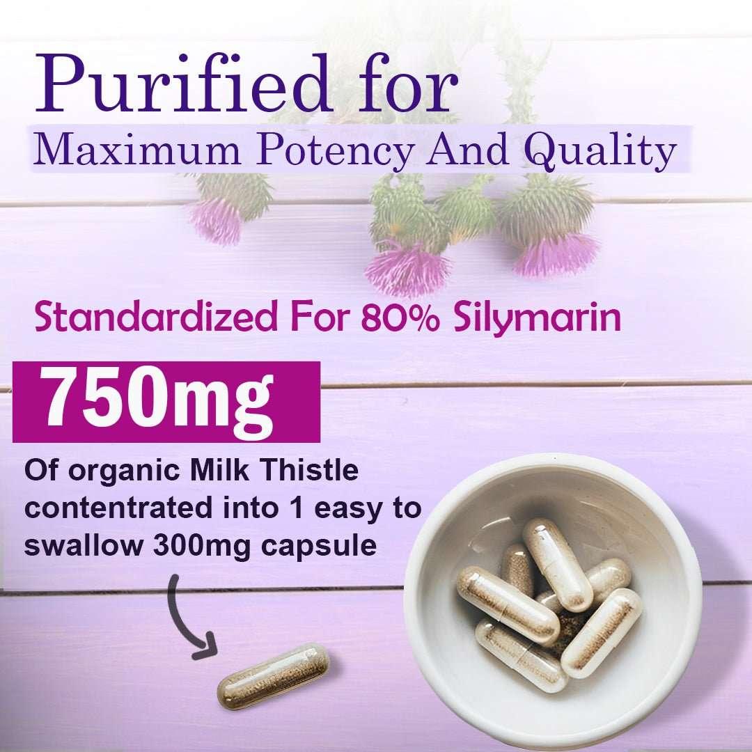 Capsules in a bowl with text about milk thistle purification and potency on a light wooden background.