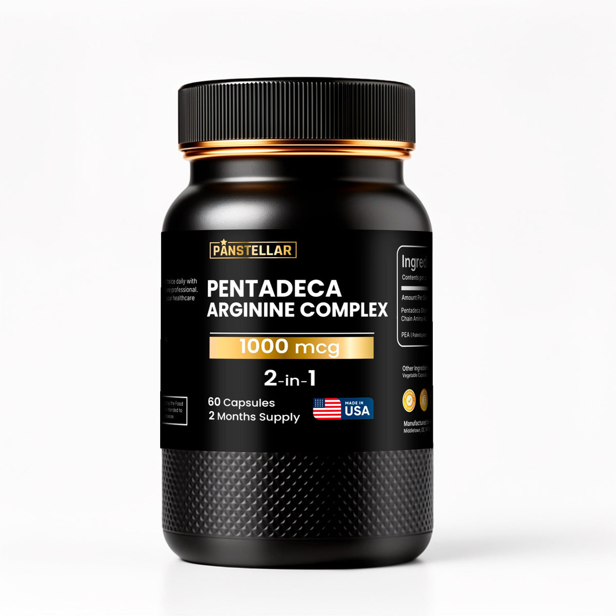 Black supplement bottle labeled 'Pentadeca Arginine Complex' on a white background