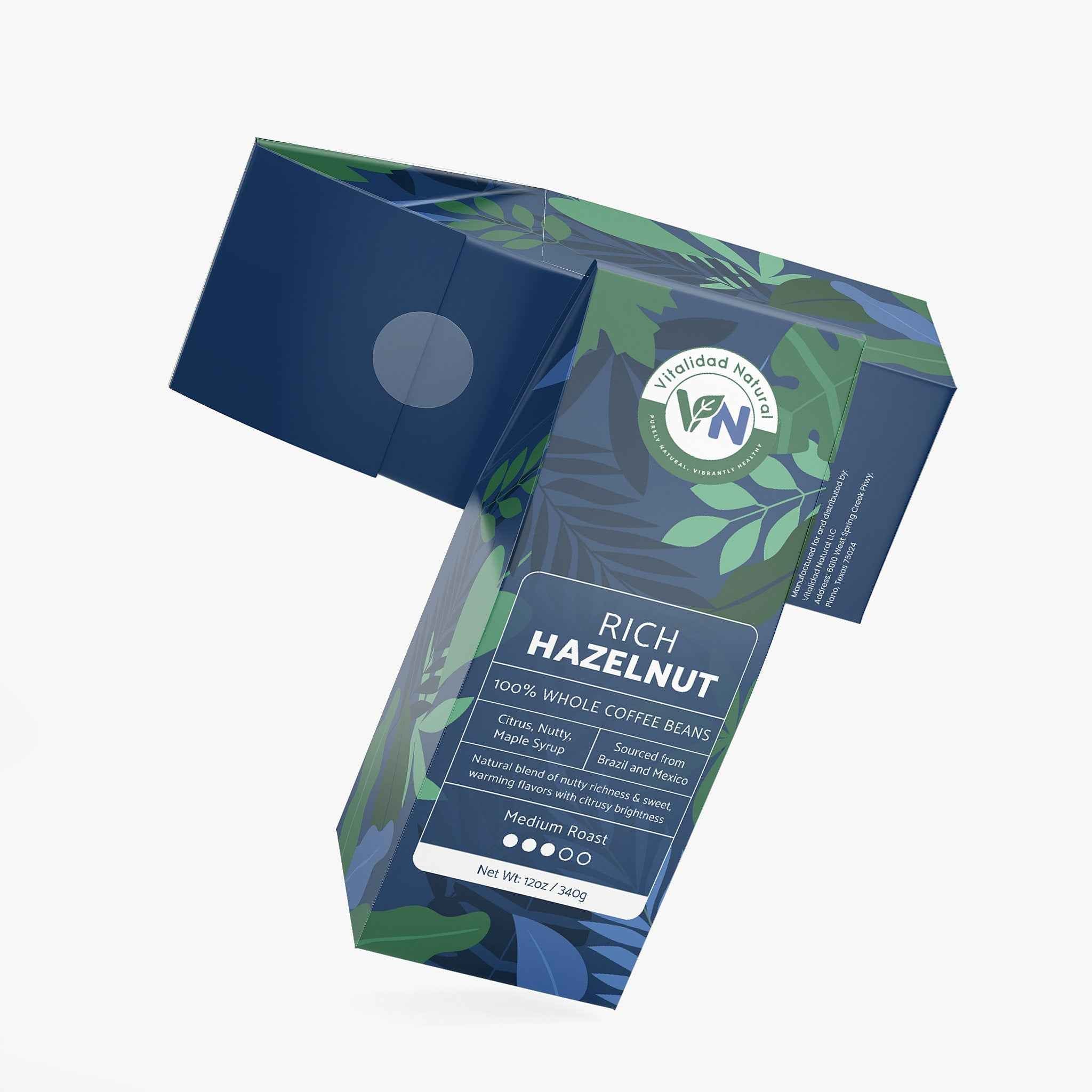 Vitalidad Natural Rich Hazelnut Coffee (Medium Roast) 12 Oz.  Packaging