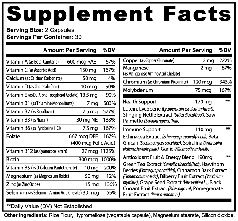 Vitalidad Natural Complete Multivitamin, 60 Capsules Supplement Facts