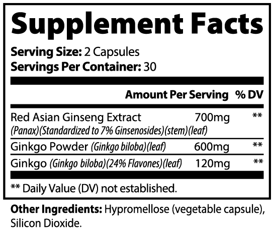 Vitalidad Natural Ginkgo Biloba + Ginseng, 60 Capsules Supplement Facts