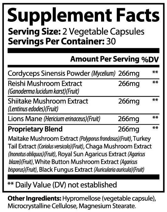 Vitalidad Natural Mushroom Complex 10 X, 60 Capsules Supplement Facts