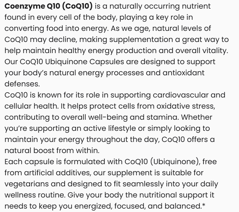 Vitalidad Natural CoQ10 Ubiquinone, 30 Capsules Information