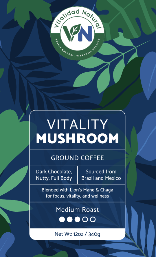 Vitalidad Natural Mushroom Coffee (Medium Roast), 12 Oz.Packaging