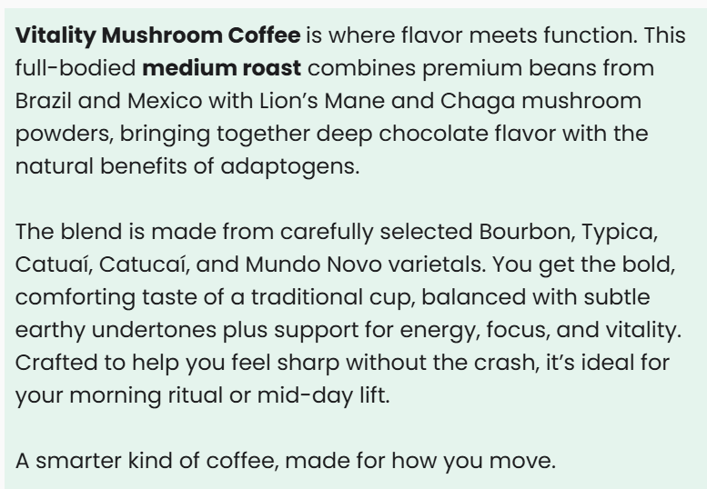 Vitalidad Natural Mushroom Coffee (Medium Roast), 12 Oz. Information