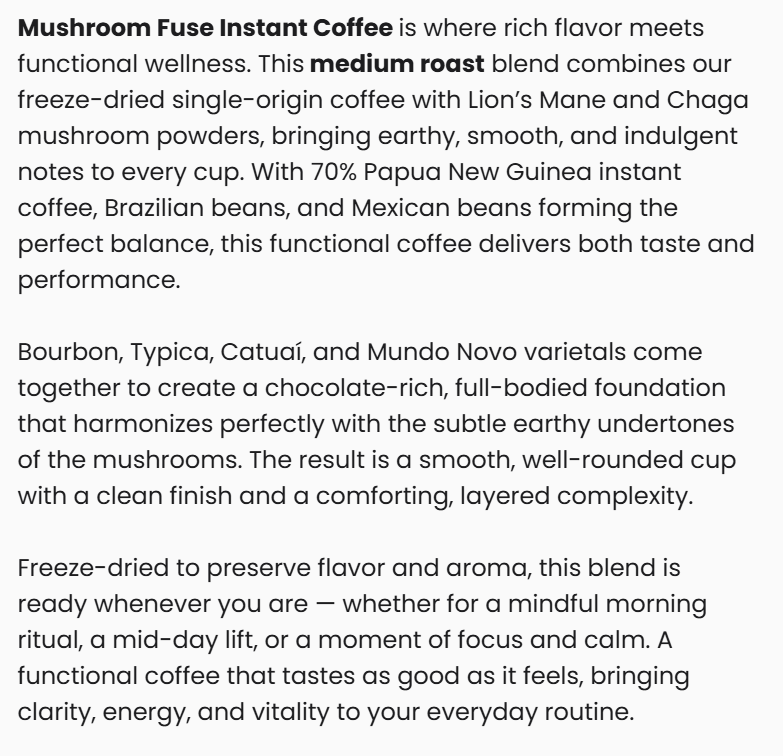 Vitalidad Natural Mushroom Fuse Instant Coffee (Medium Roast), 1.90 Oz. Information