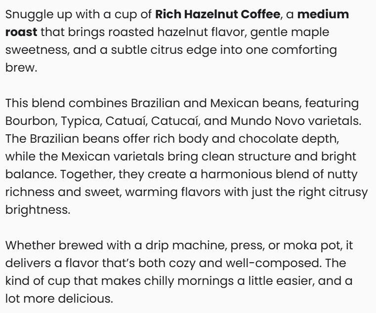 Vitalidad Natural Rich Hazelnut Coffee (Medium Roast) 12 Oz.  Information