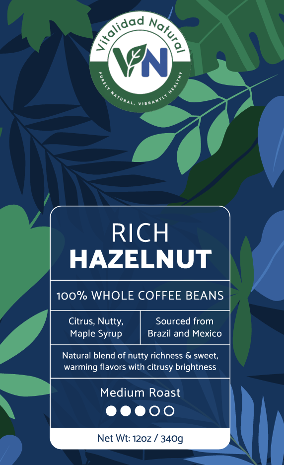 Vitalidad Natural Rich Hazelnut Coffee (Medium Roast) 12 Oz.  Front Packaging