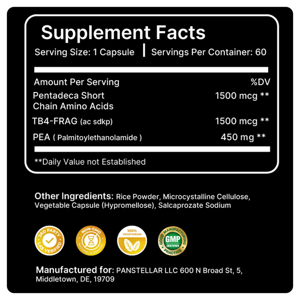 Supplement facts label with detailed nutritional information on a black background