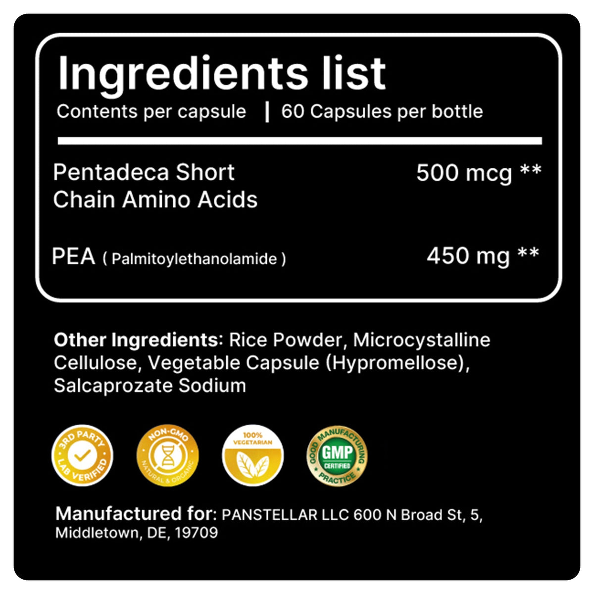Ingredients list label for a supplement bottle with detailed information on components and manufacturing details.