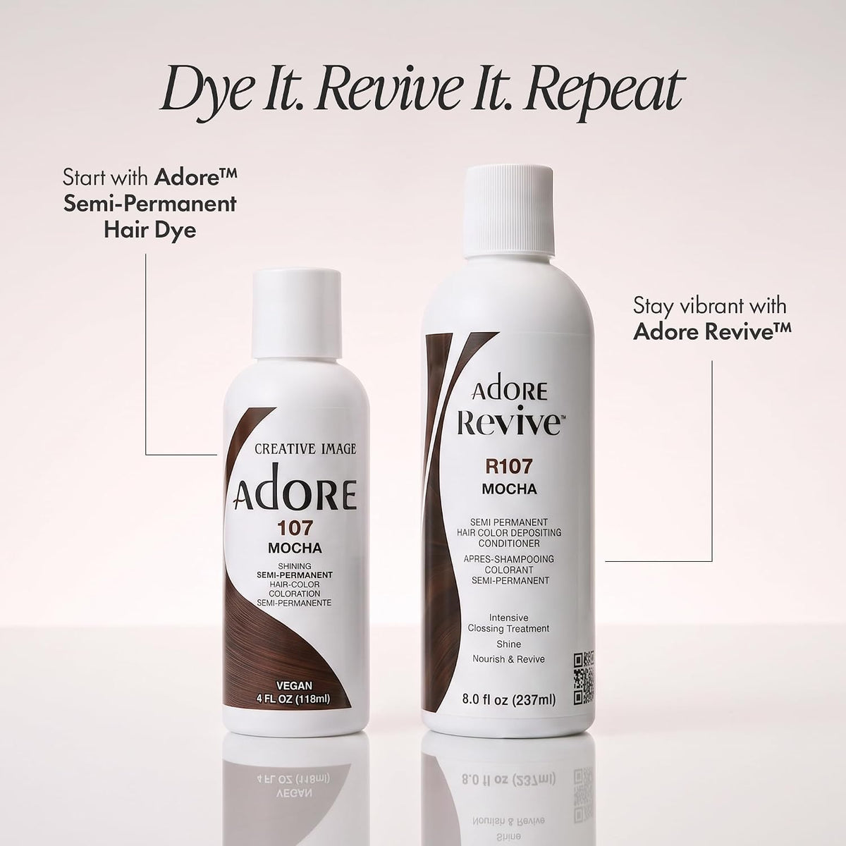 Adore Revive Color-Depositing Conditioner – R107 Mocha, 8 fl oz Packaging