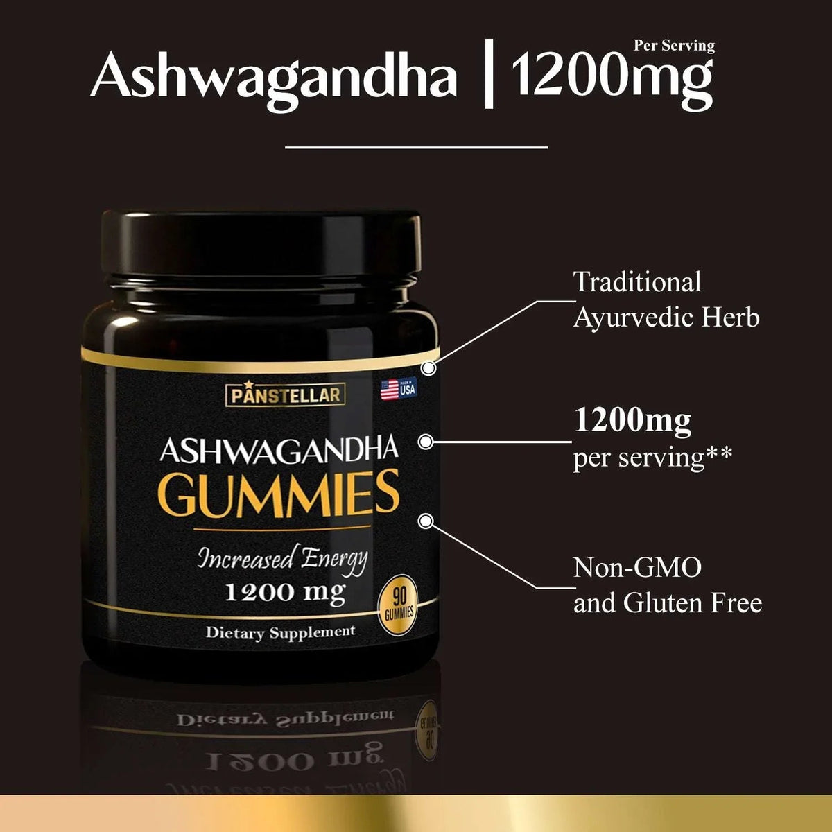 Panstellar Ashwagandha Gummies 1200mg bottle on a dark brown background with callout text highlighting traditional ayurvedic herb, 1200mg per serving, and non-GMO and gluten free qualities.