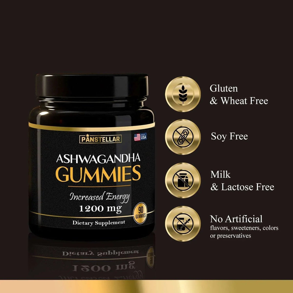 Panstelllar Ashwagandha Gummies supplement jar with black and gold design on a dark background