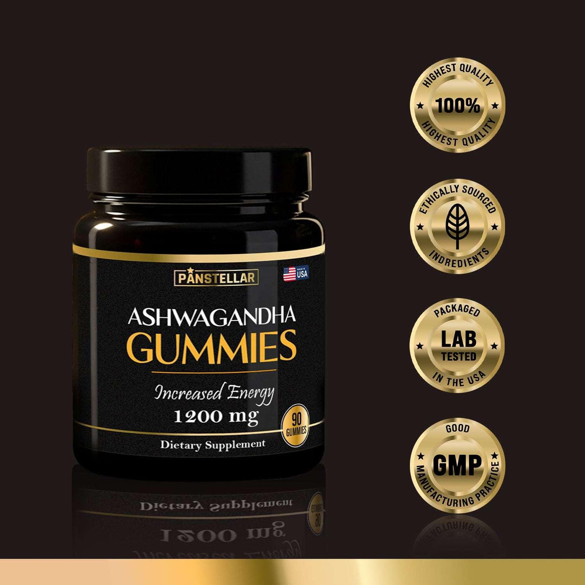 Panstellar Ashwagandha Gummies supplement bottle with certification badges on a dark background