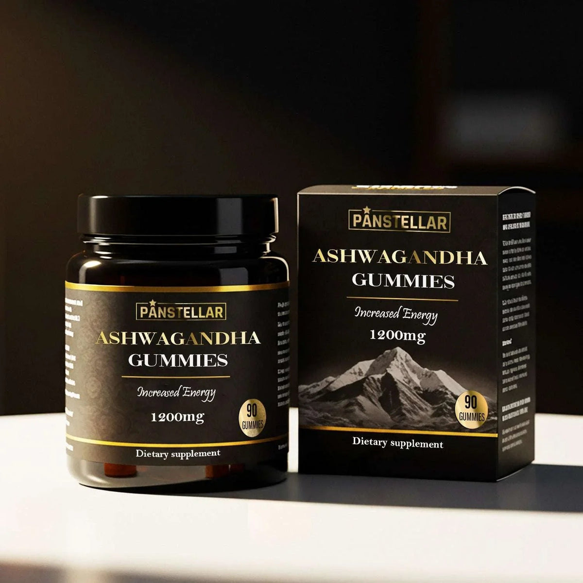 A black bottle and matching black box of Pânstellar Ashwagandha Gummies, 1200mg, displayed on a white surface against a dark background.