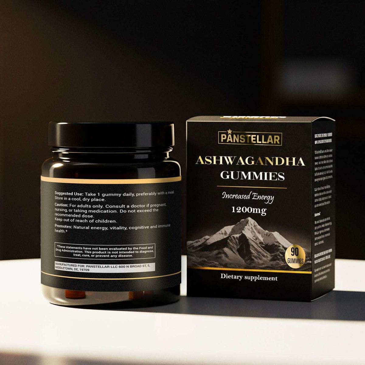 Panstelllar Ashwagandha Gummies packaging with a mountain design on a dark background