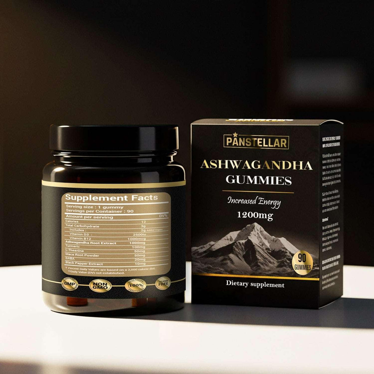 Supplement bottle and packaging of PanStellar Ashwagandha Gummies on a dark background