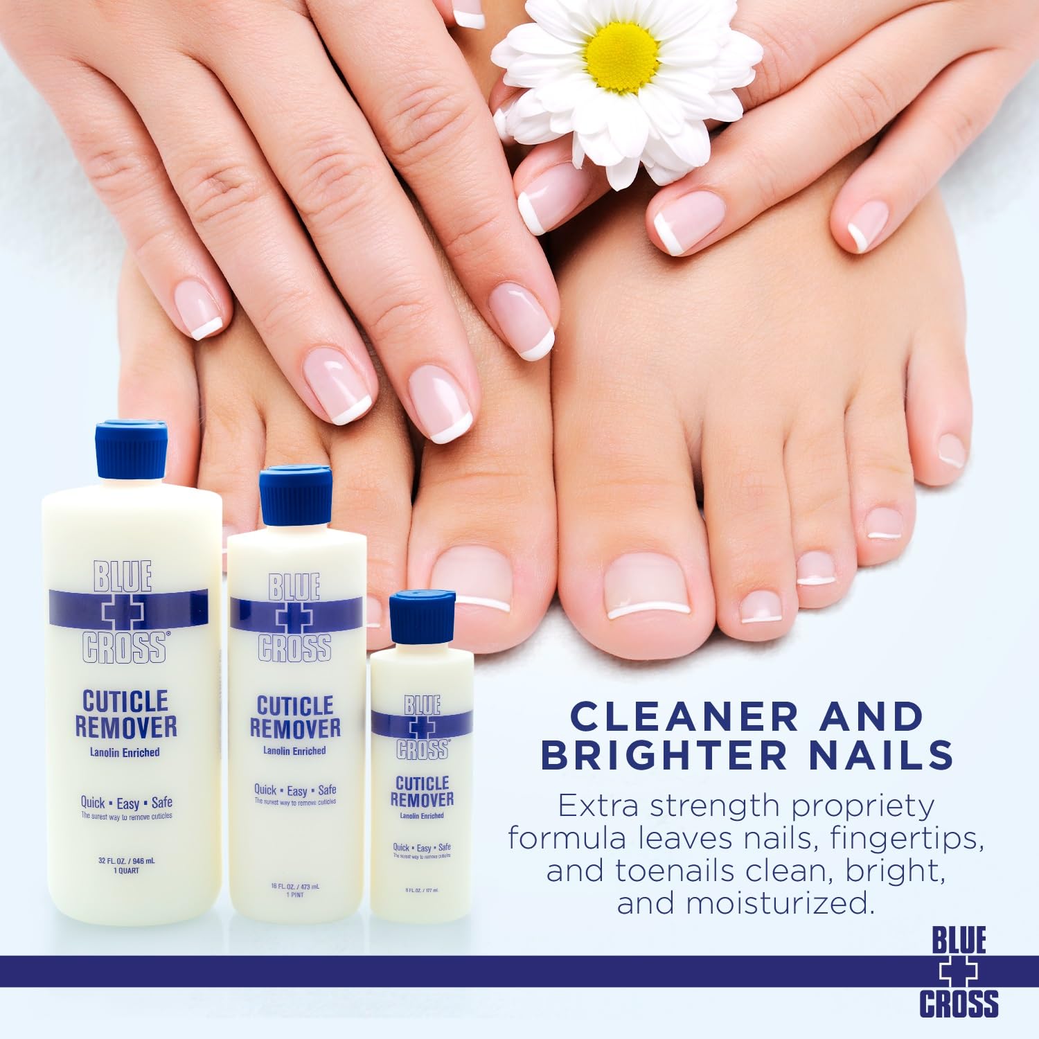 Advertisement for Blue Cross cuticle remover with hands and flowers, emphasizing cleaner and brighter nails.