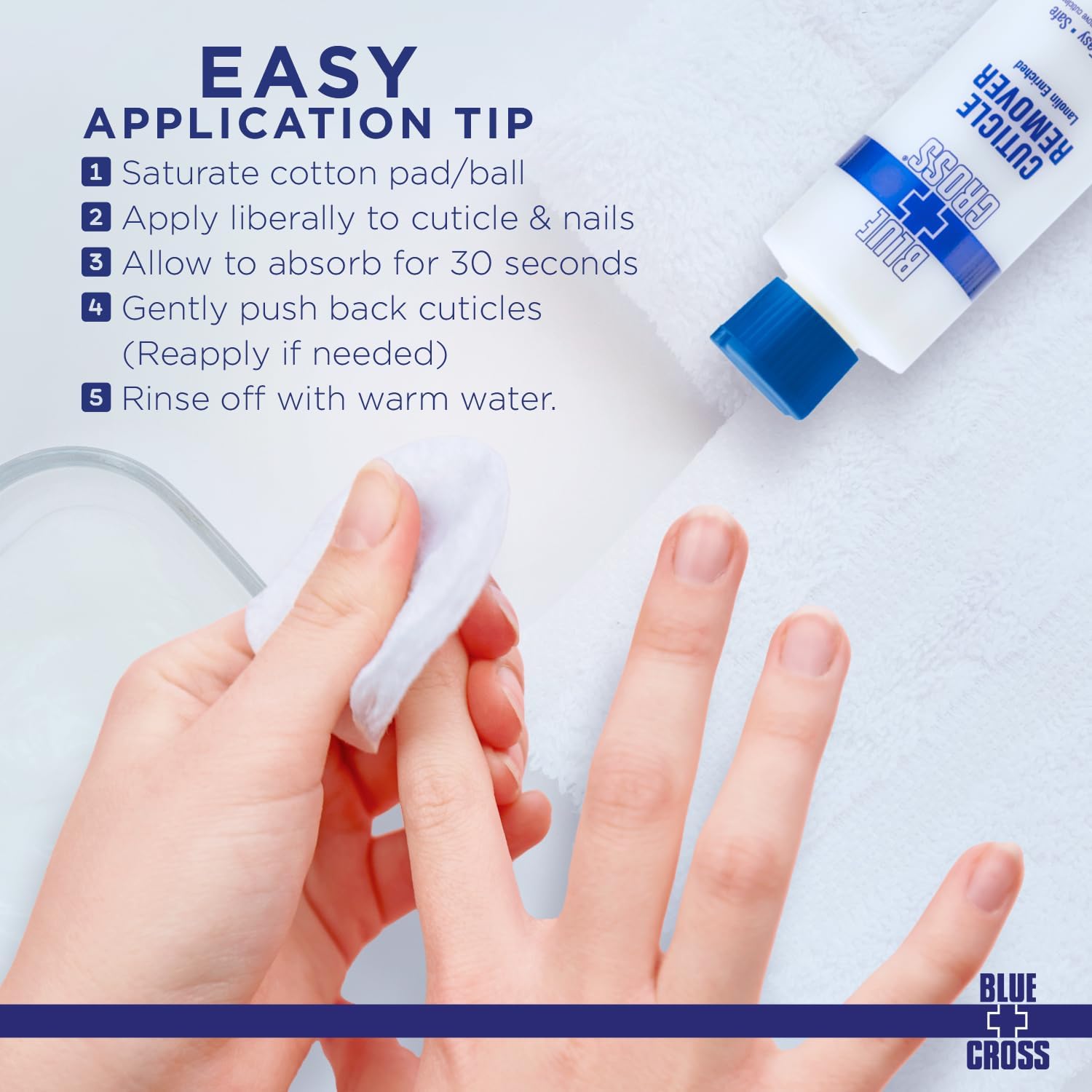 Hand using a cotton pad with a nail care product, accompanied by application instructions.