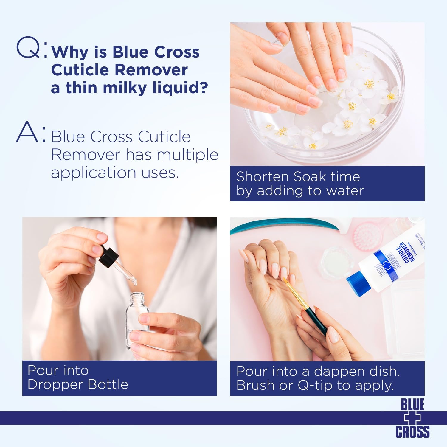 Instructions on using Blue Cross Cuticle Remover with images of application methods.
