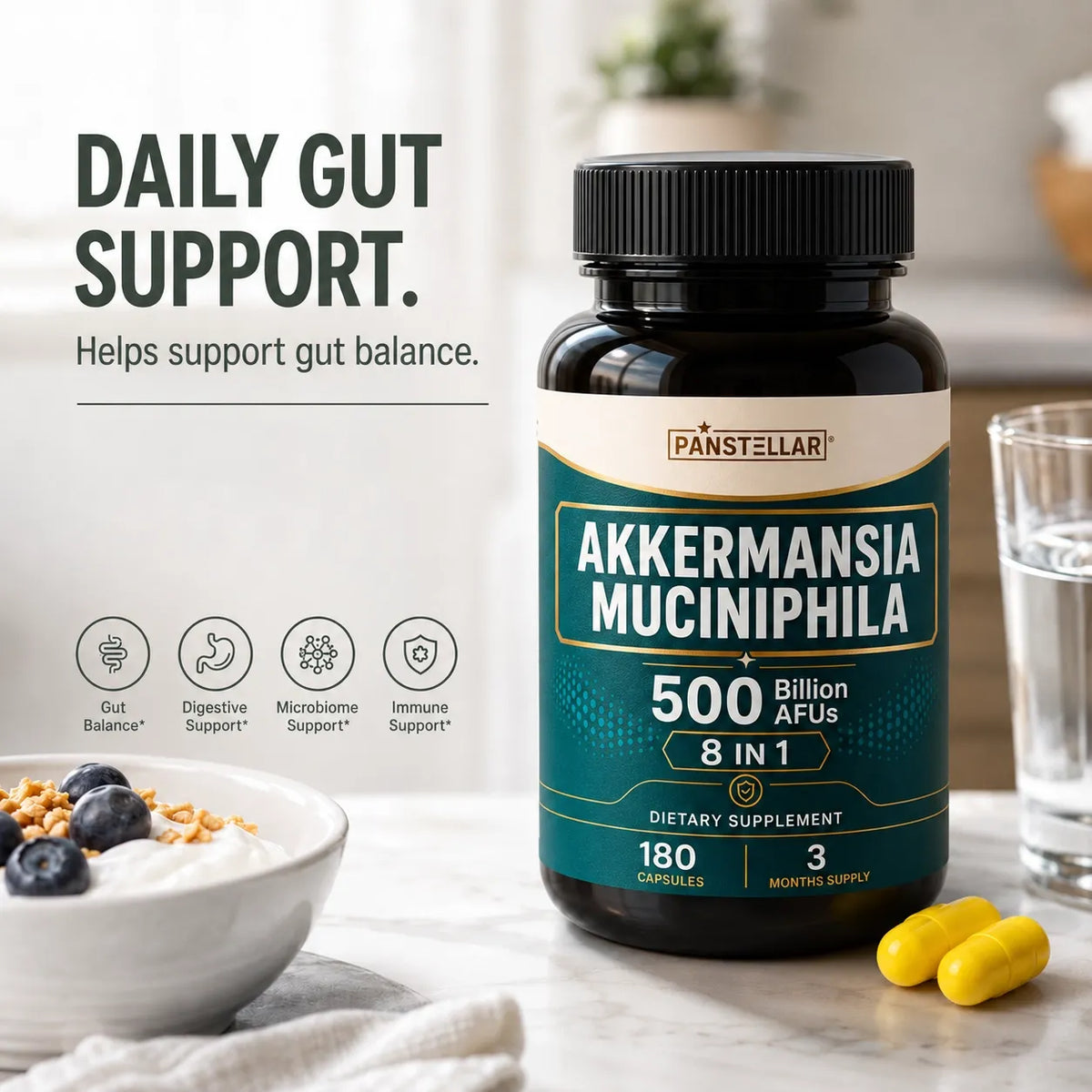 Panstellar Akkermansia muciniphila dietary supplement bottle on a marble surface with a bowl of yogurt, blueberries, and yellow capsules, with marketing text on the left.