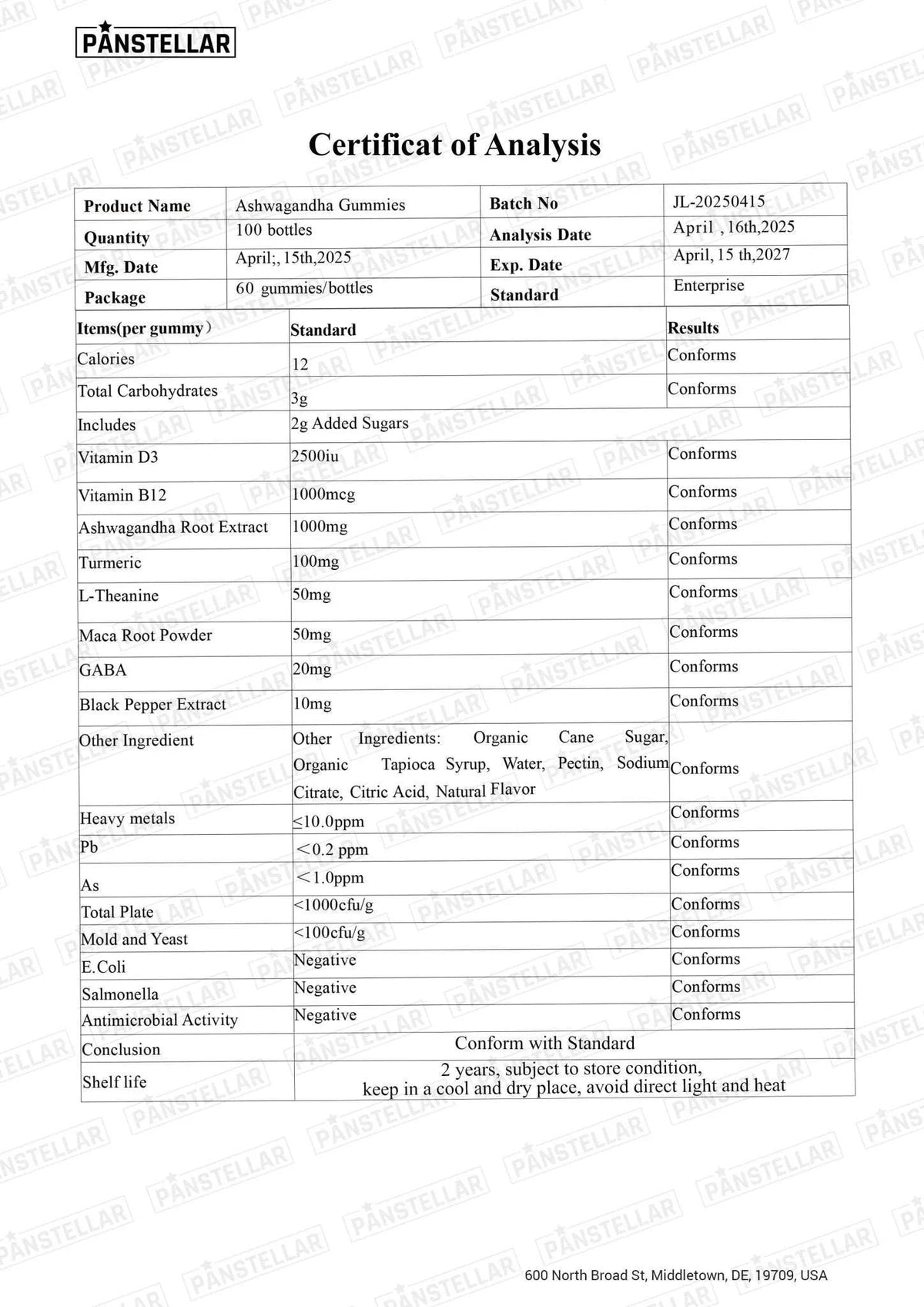 Certificate of Analysis for Ashwagandha Gummies with Pánstellar branding.