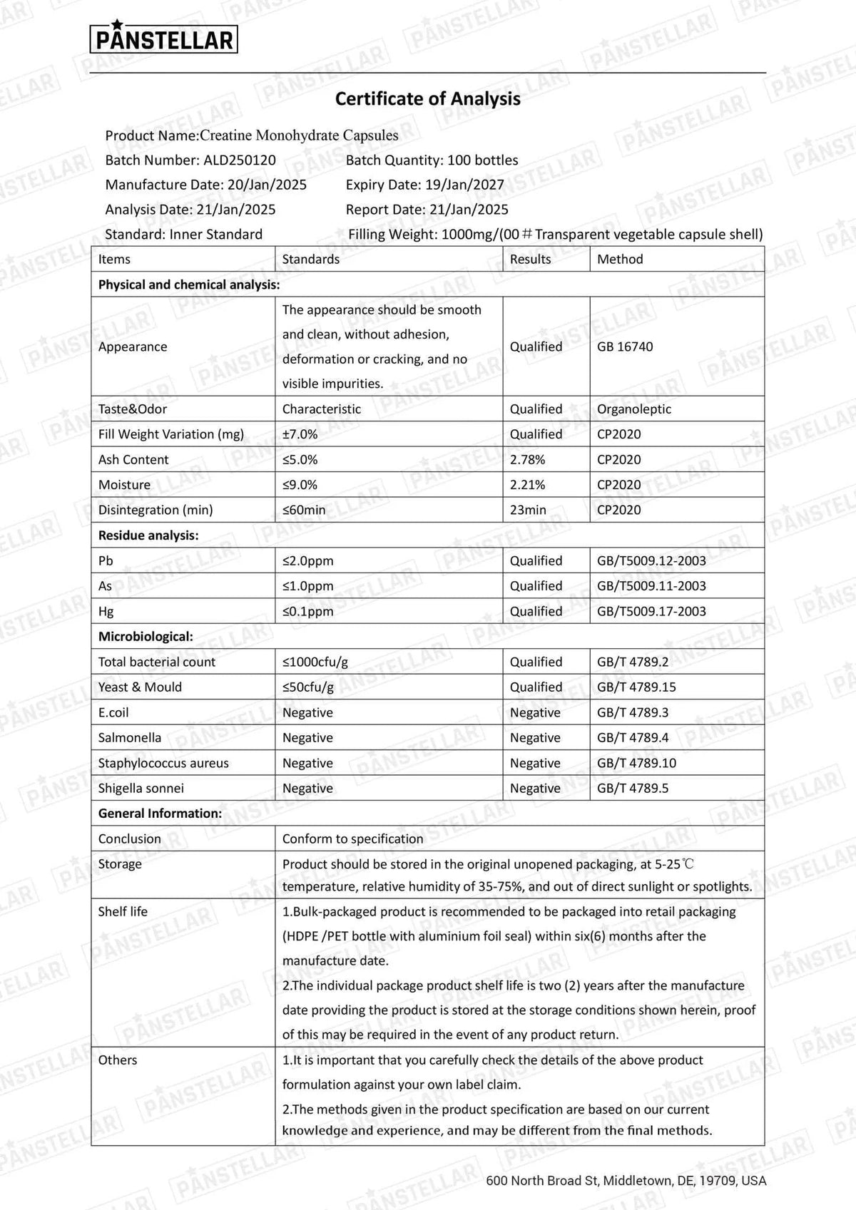 Certificate of Analysis for a product with various test results and standards.