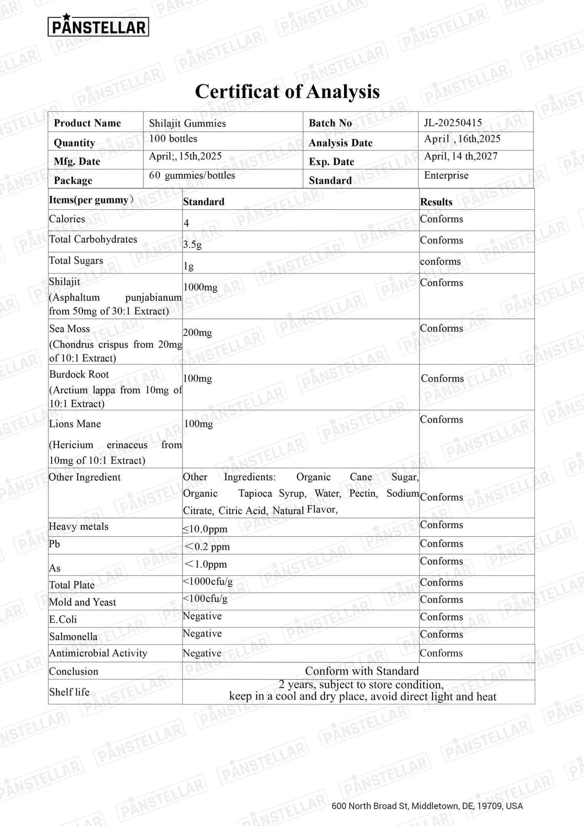Certificate of Analysis for Shilajit Gummies with detailed nutritional and safety information.