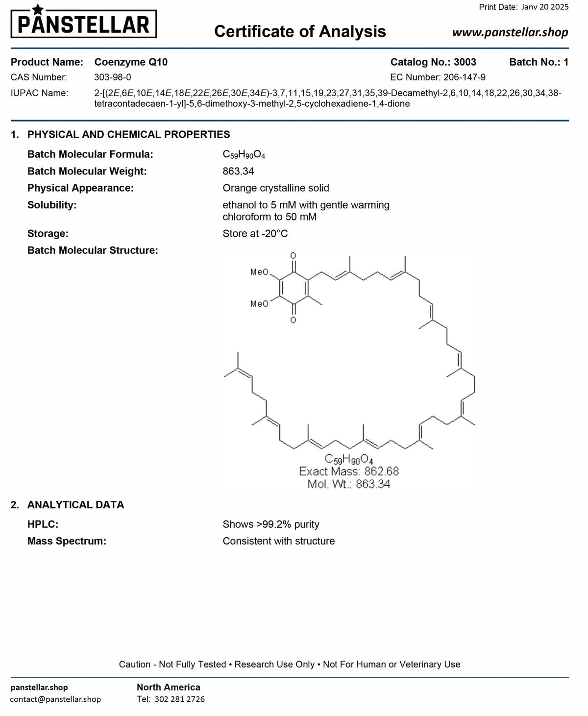 Panstellar Essentials NAD+ Liposomal 2000mg Certificate of Analysis