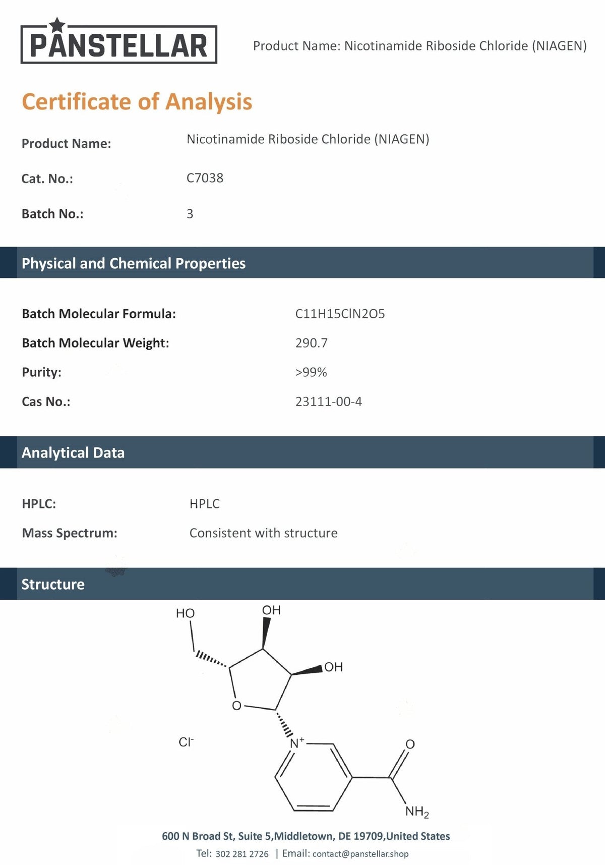 Panstellar Essentials NAD+ Liposomal 2000mg Certificate Analysis