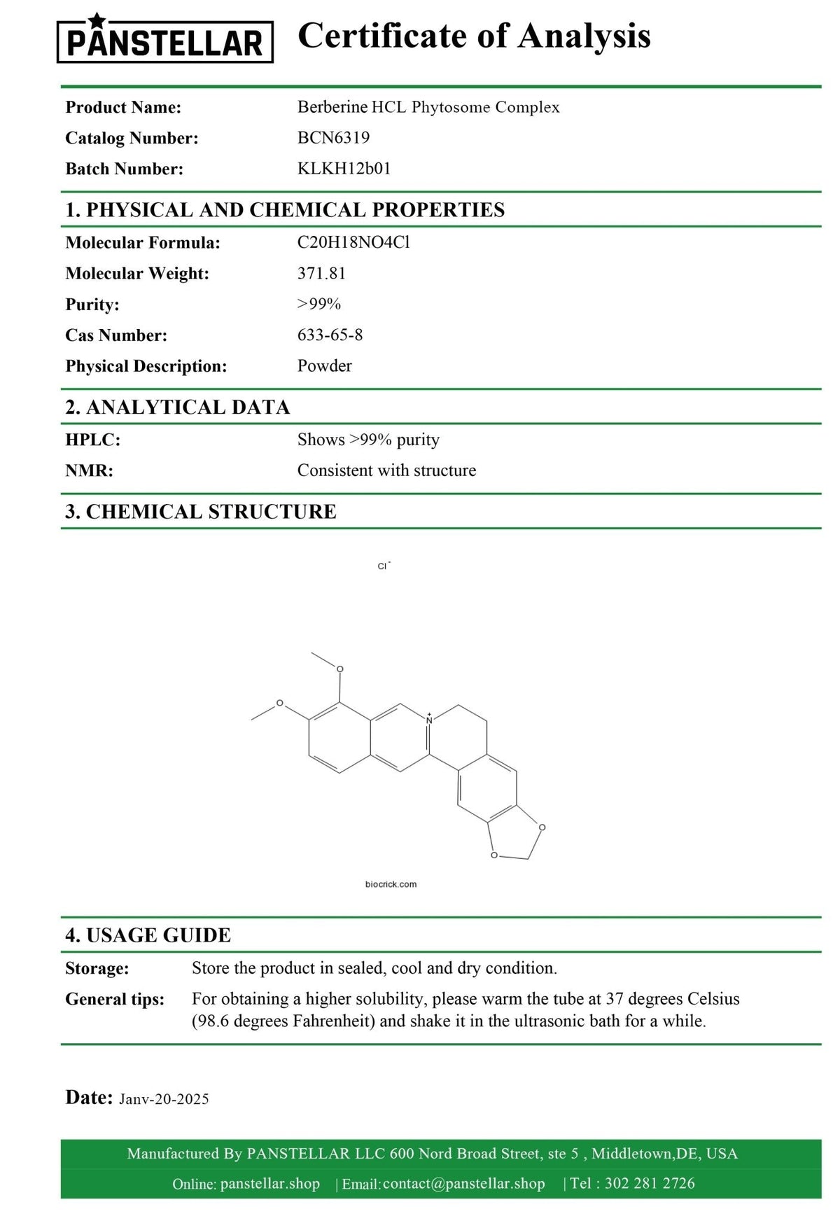 Pänstellar Certificate of Analysis for Berberine HCL Phytosome Complex