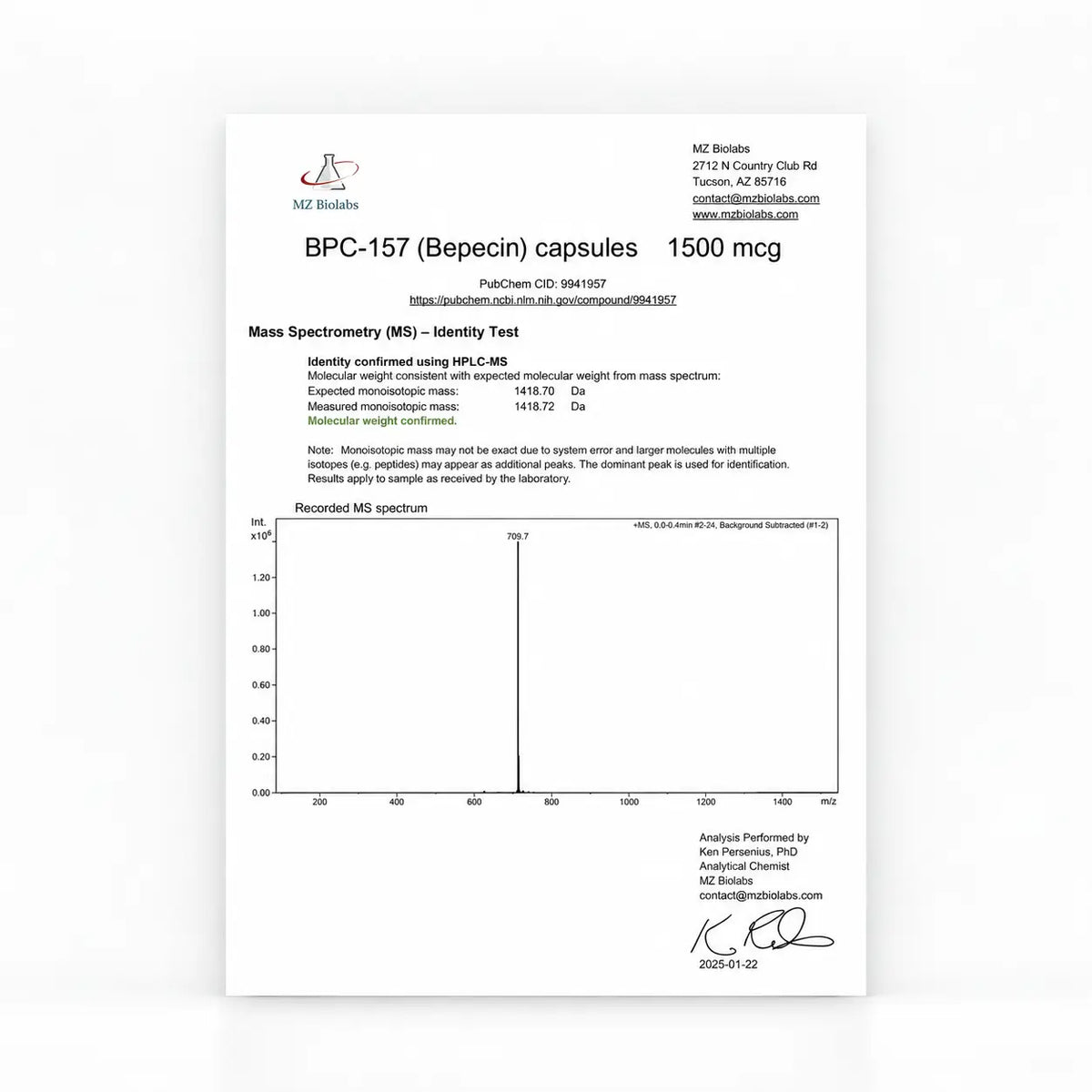 A document-style product image showing a white paper form with black text and a small mass spectrometry graph, headed 'BPC-157 (Becpin) capsules 1500 mcg' and branded with 'M2 Brand'.