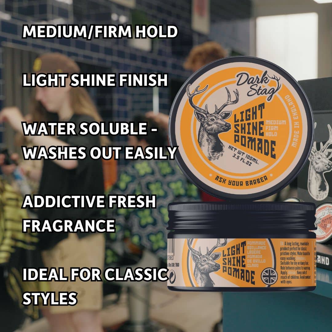 Two jars of Dark Stag Light Shine Pomade with product features listed above.