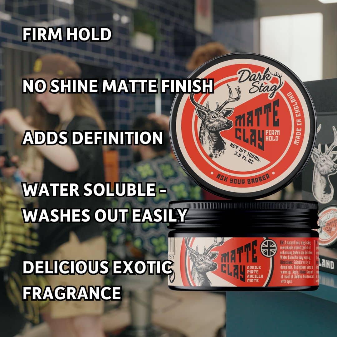 Two containers of Dark Stag Matte Clay with product features listed on a blurred bathroom background.