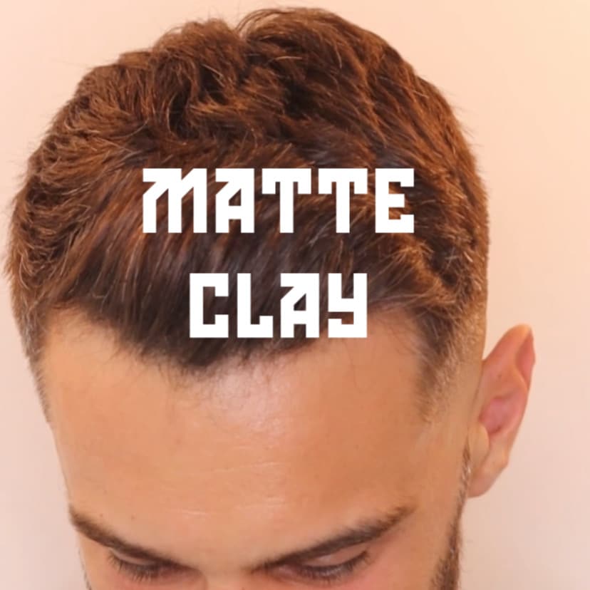 Man with styled hair and 'MATTE CLAY' text on a beige background