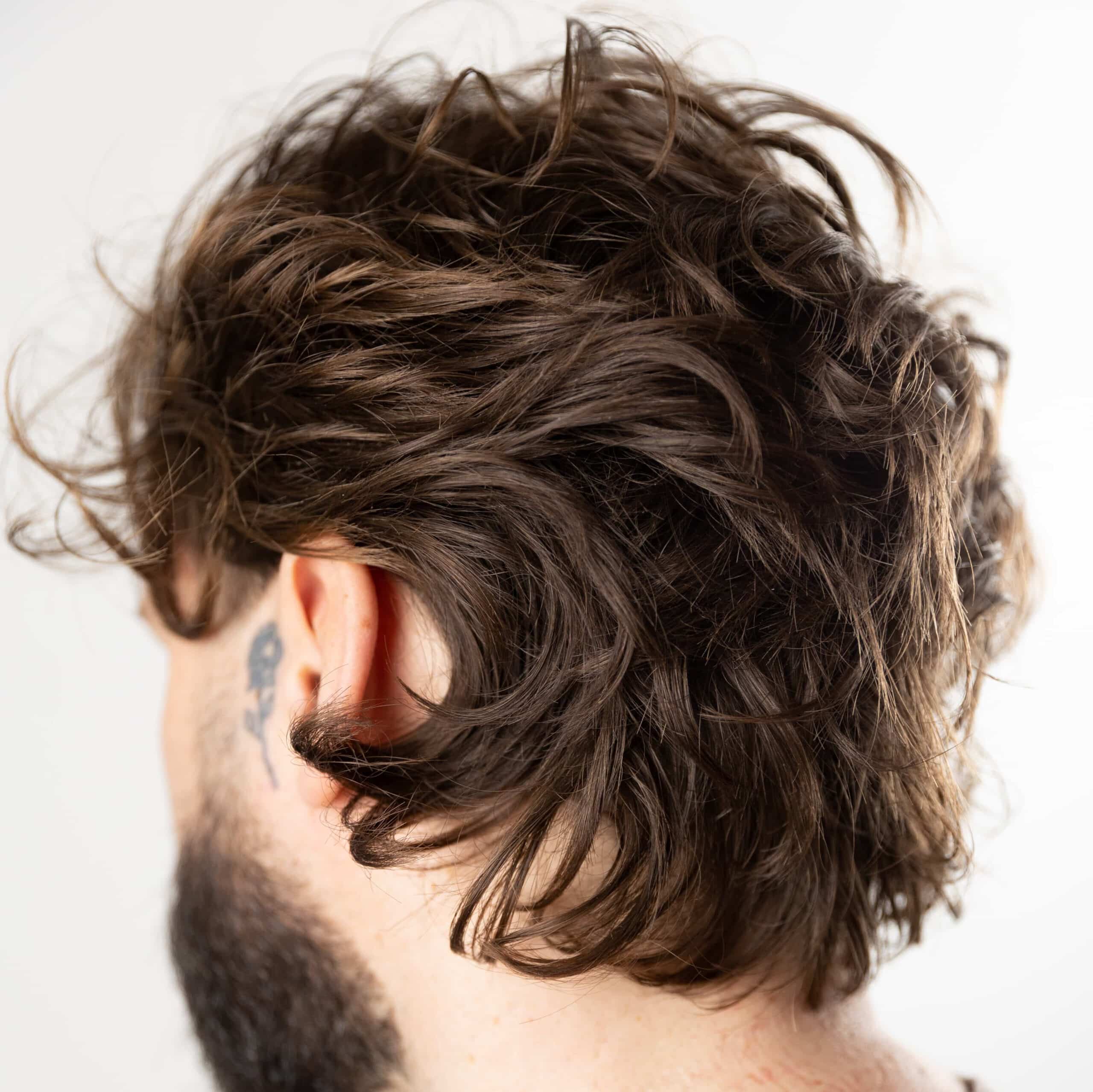 Close-up of a person with wavy brown hair and a beard on a white background