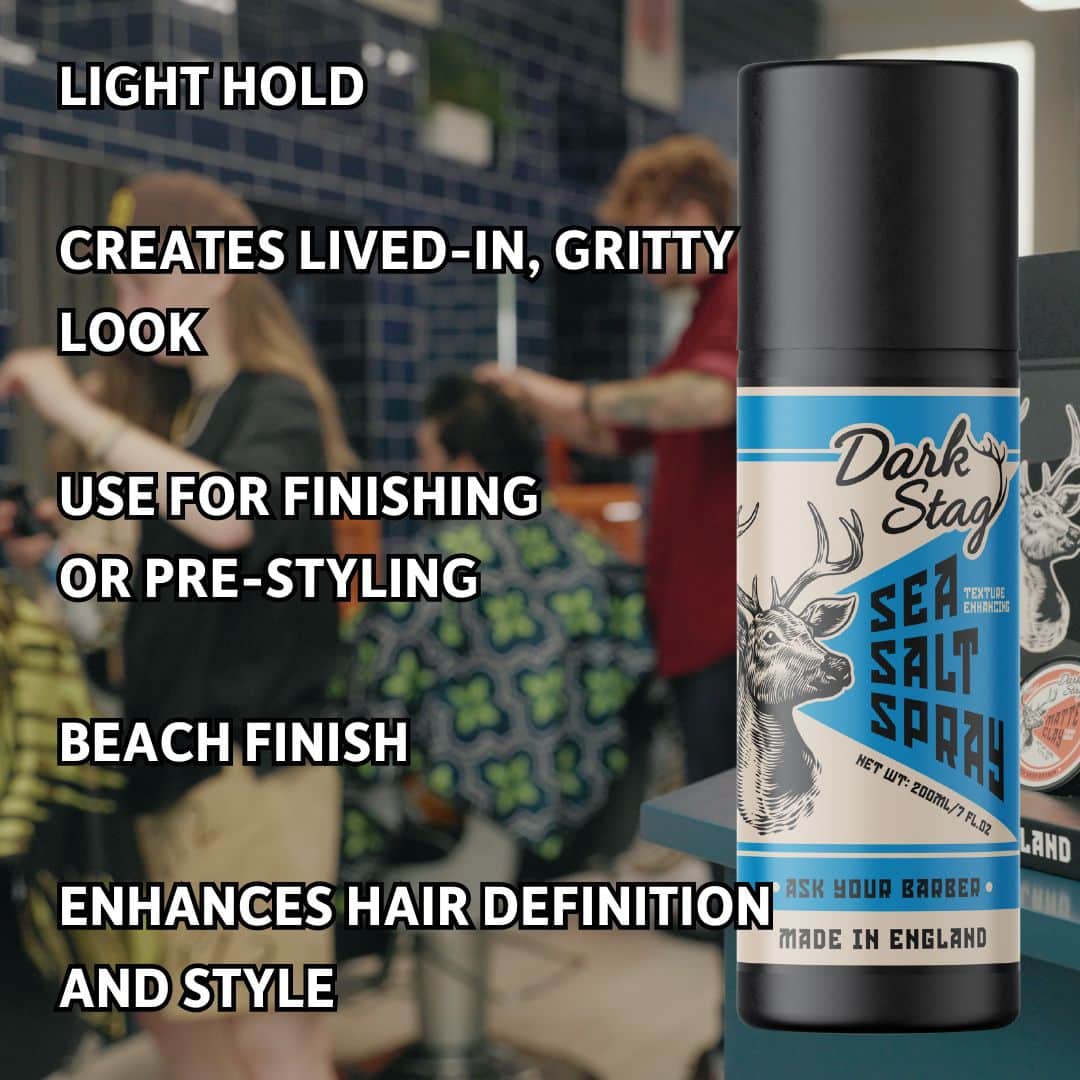 Dark Stag Sea Salt Spray bottle with text about its use in a hair salon setting.