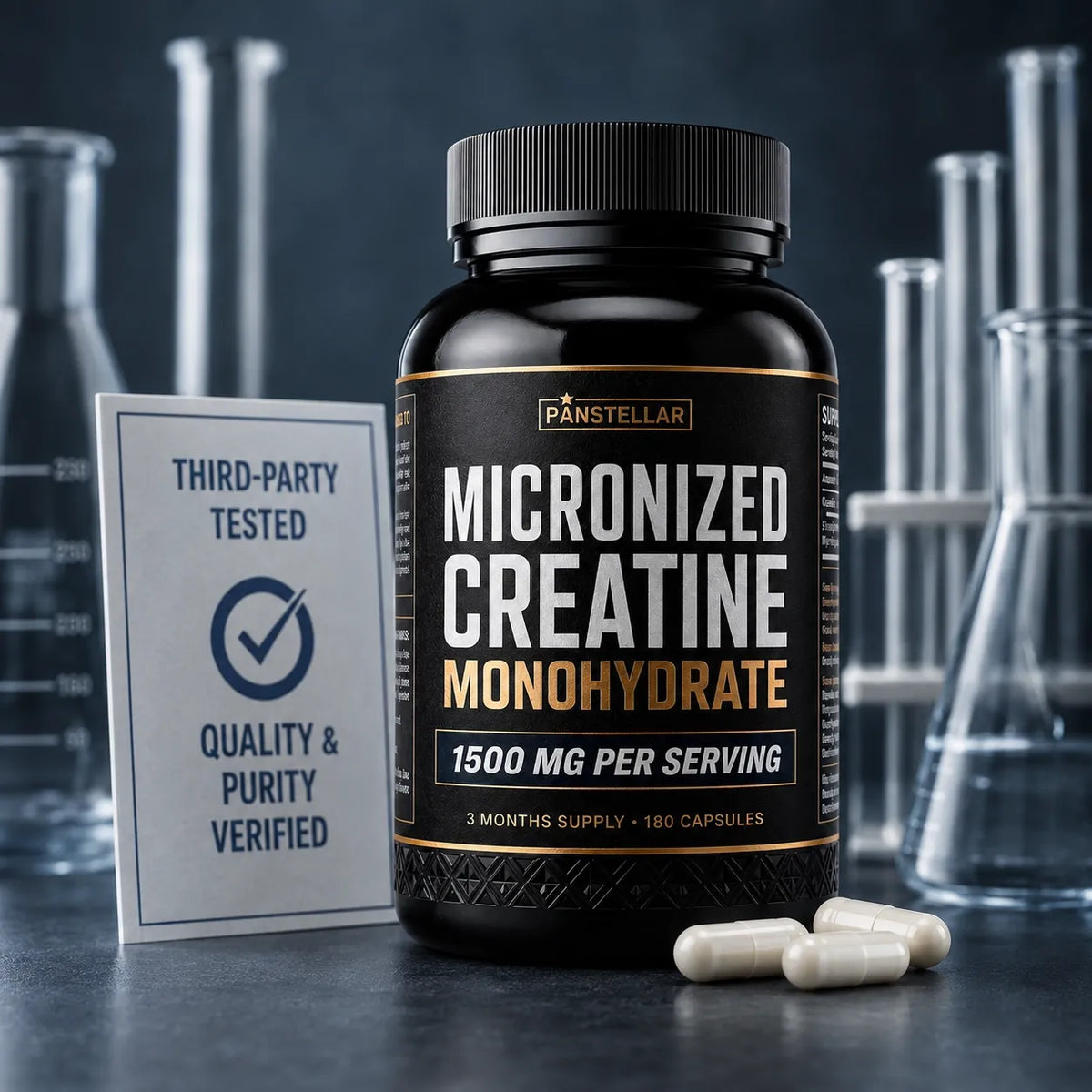 A black bottle of Panstellar Micronized Creatine Monohydrate supplement capsules, shown with three white capsules in front and a 'Third-Party Tested' card beside it, set against a dark laboratory background with blurred glassware.
