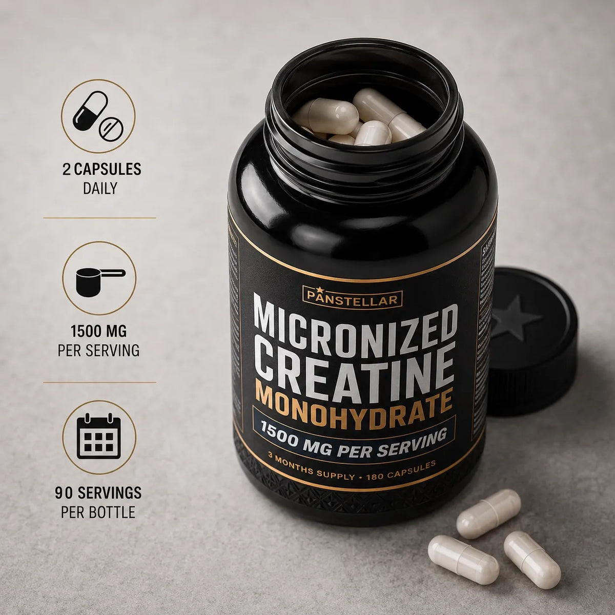 Panstellar micronized creatine monohydrate supplement bottle with capsules inside, shown open on a light gray surface with the cap beside it and three capsules in front. Text on the left highlights 2 capsules daily, 1500 mg per serving, and 90 servings per bottle.