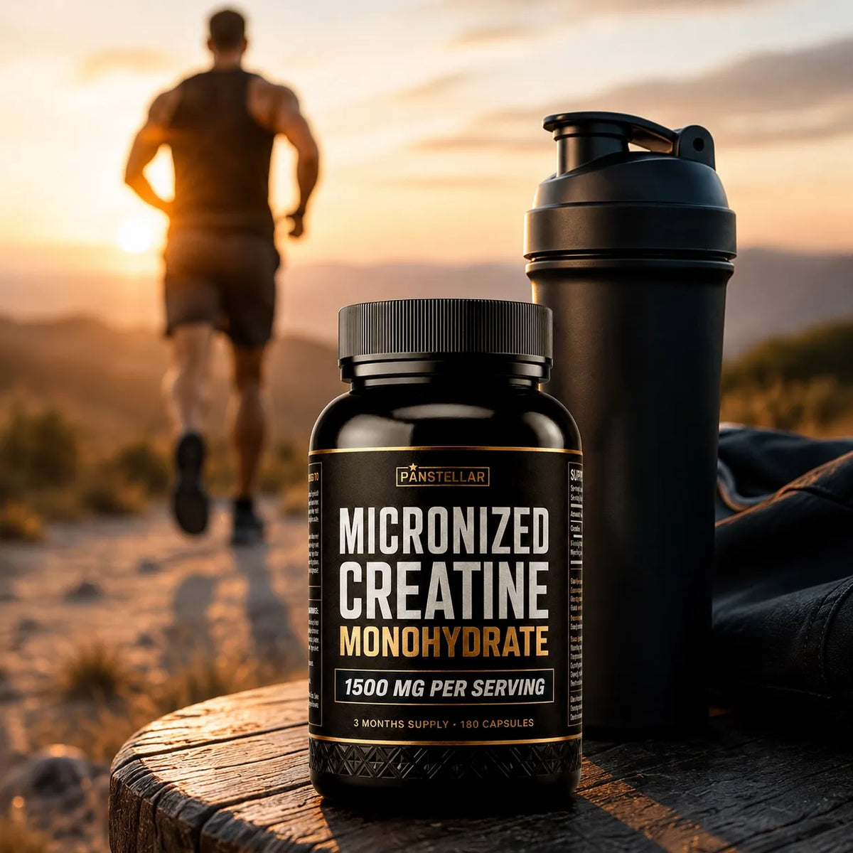 A black supplement bottle labeled Panstellar Micronized Creatine Monohydrate stands on a wooden surface next to a black shaker bottle, with a blurred runner silhouette in the background at sunset.
