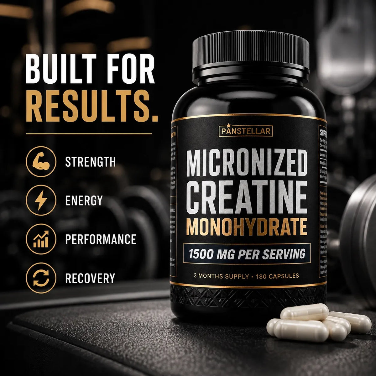Panstellar Micronized Creatine Monohydrate supplement bottle on a dark textured surface with capsules in front and marketing text on the left.