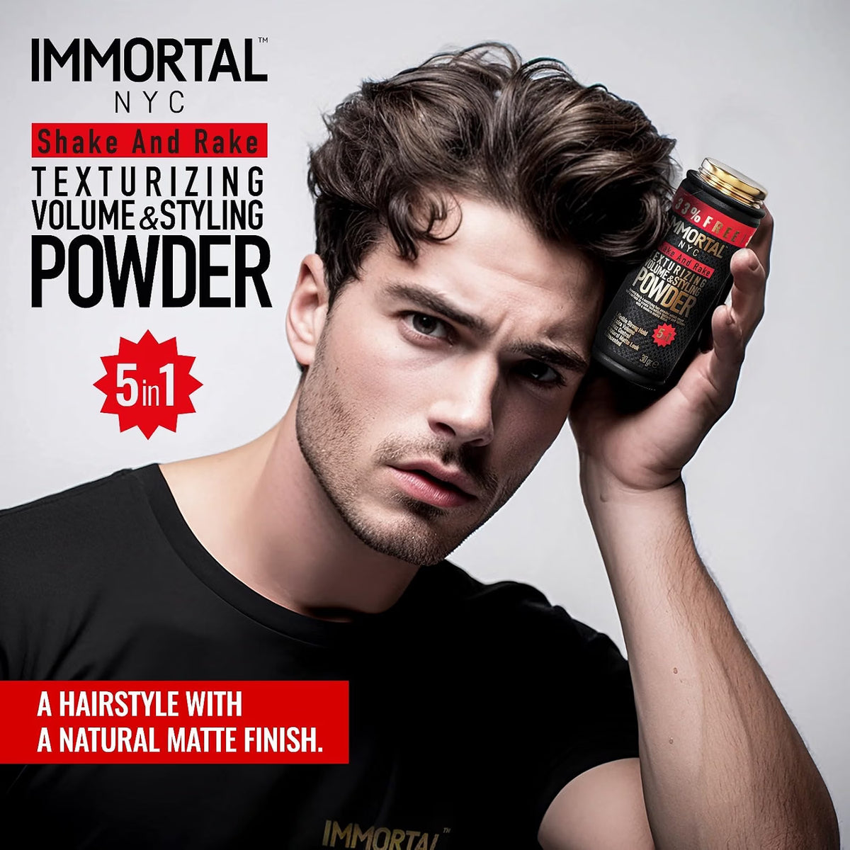 Man holding Immortal NYC hair powder with product packaging displayed
