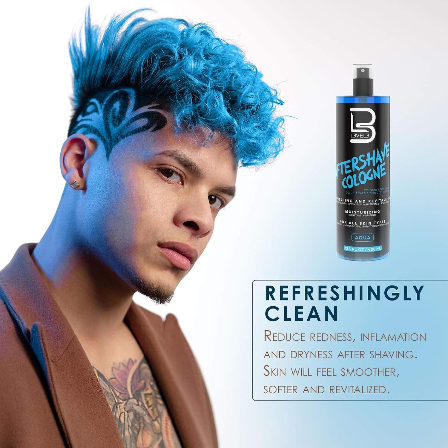 Person with blue hair and after-shave cologne bottle on a light gray background