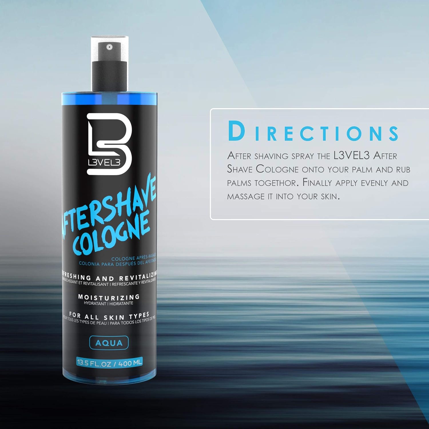 L3vel3 aftershave cologne spray bottle with directions on a gradient blue background