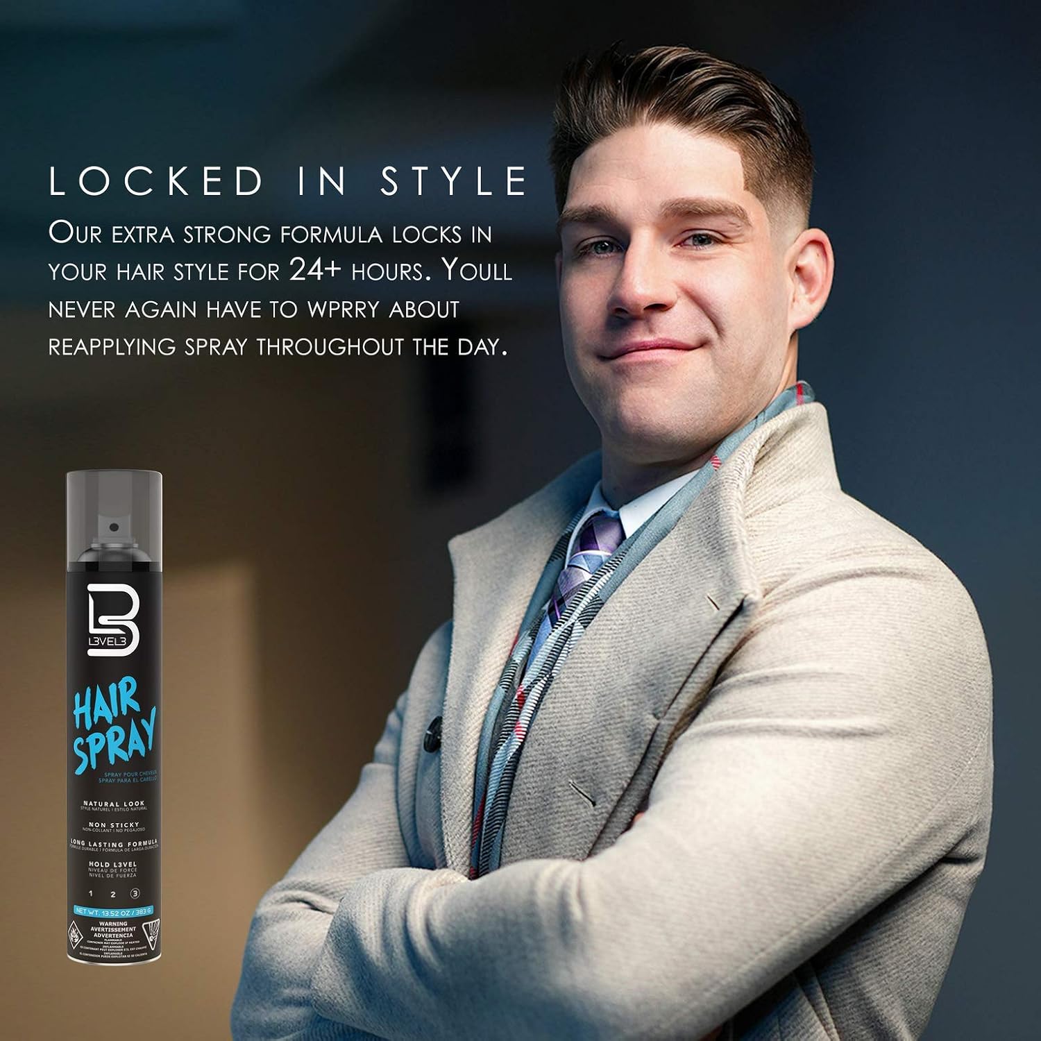 Man in a suit with hair spray product and text about product features