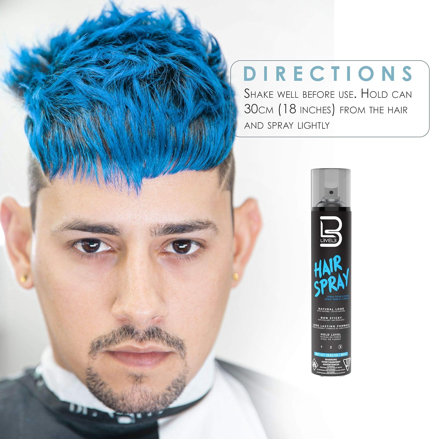Person with blue hair using a hair spray can, with product directions displayed.