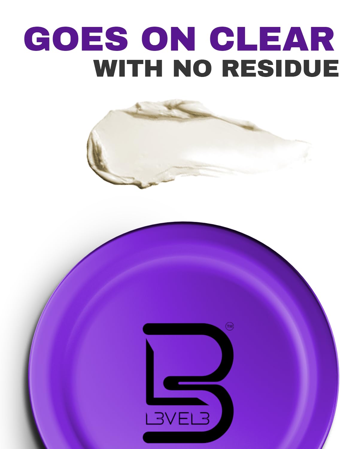 Purple container with a black logo and text 'Goes on clear with no residue' above it.