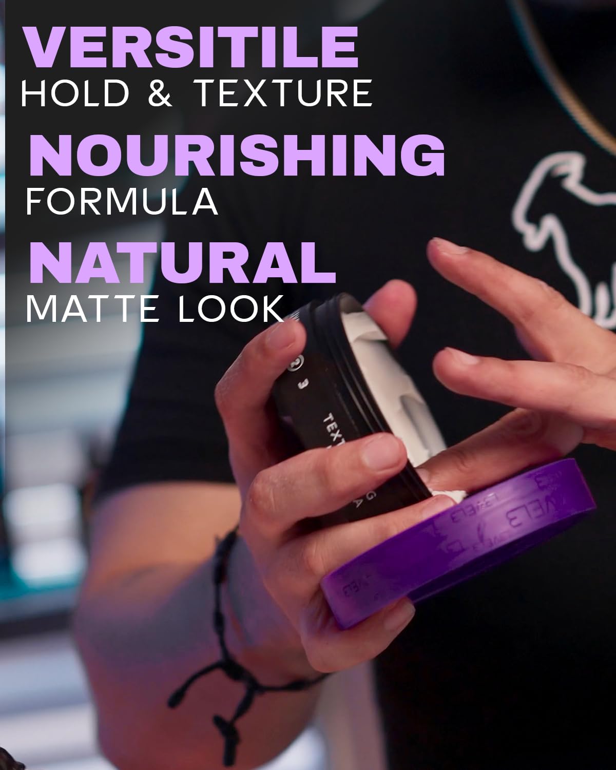 Person holding a hair product with text about its features.