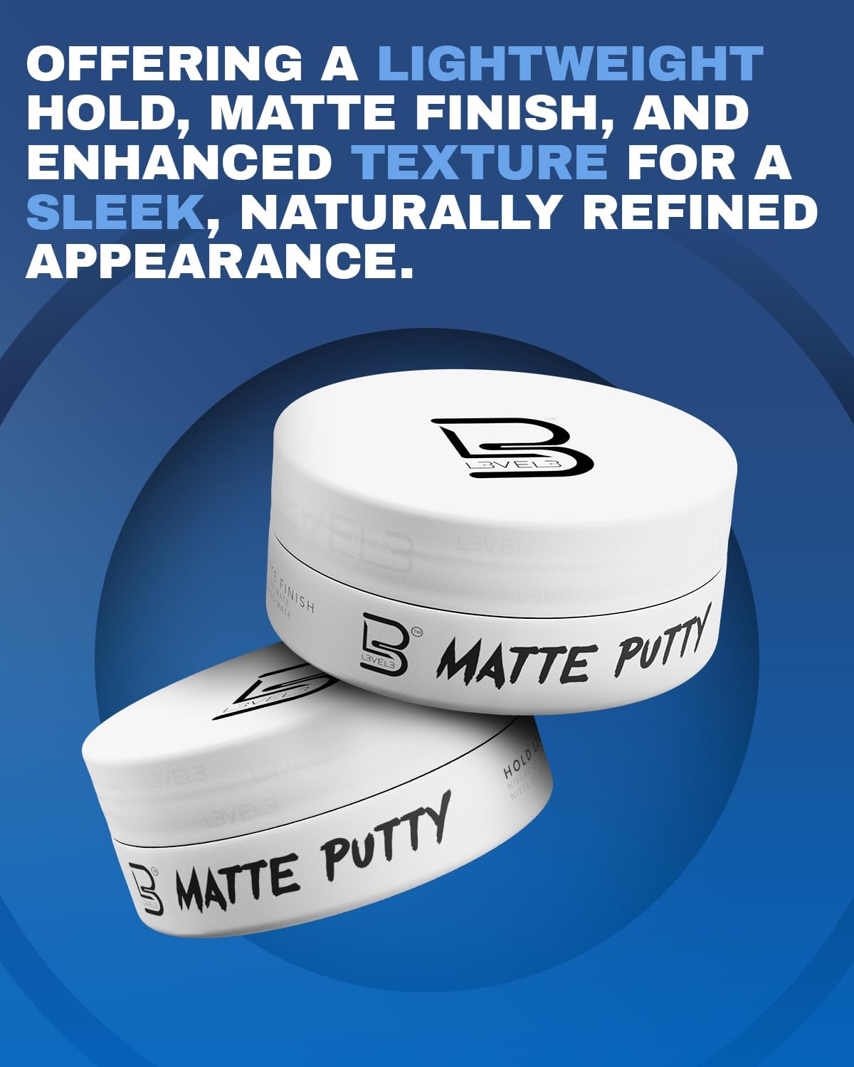 Two containers of Matte Putty with a blue background and text about product features.