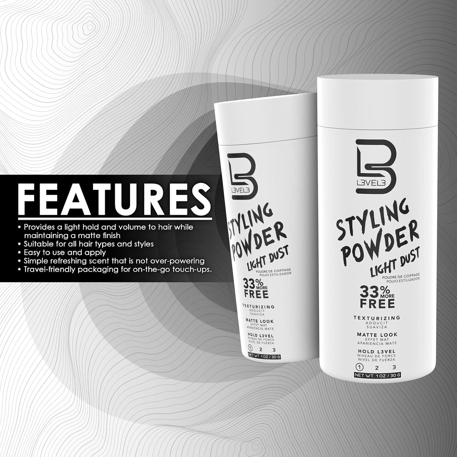 Two bottles of Level 3 Styling Powder on a gray background with 'Features' text.